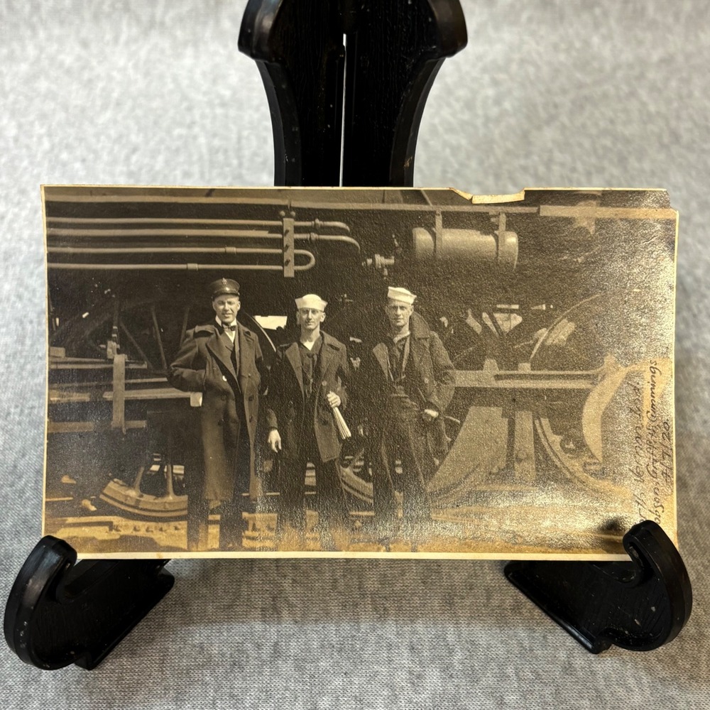 Vintage 1917 Photo B&O Depot North Vernon Indiana Sailors Steam Locomotive Train